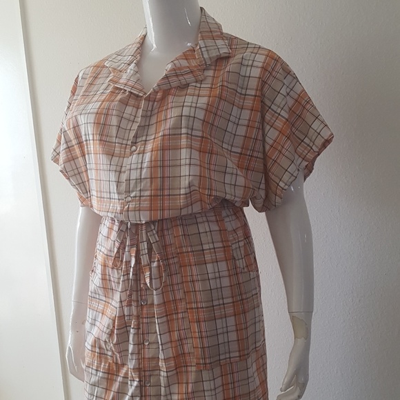Plaid Drawstring Dress - Casual Collared Short Sleeve Button Down with Pocket - Picture 5 of 8